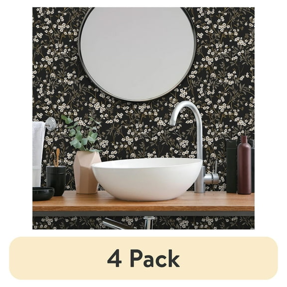 (4 pack) UMIGGEE Floral Wallpaper Peel and Stick Flower Black Wall Paper Self Adhesive Wallpaper 17.7-in x 118-in Contact Paper Removable Wallpaper for Home Decor Wall Covering Old Furniture Renovation