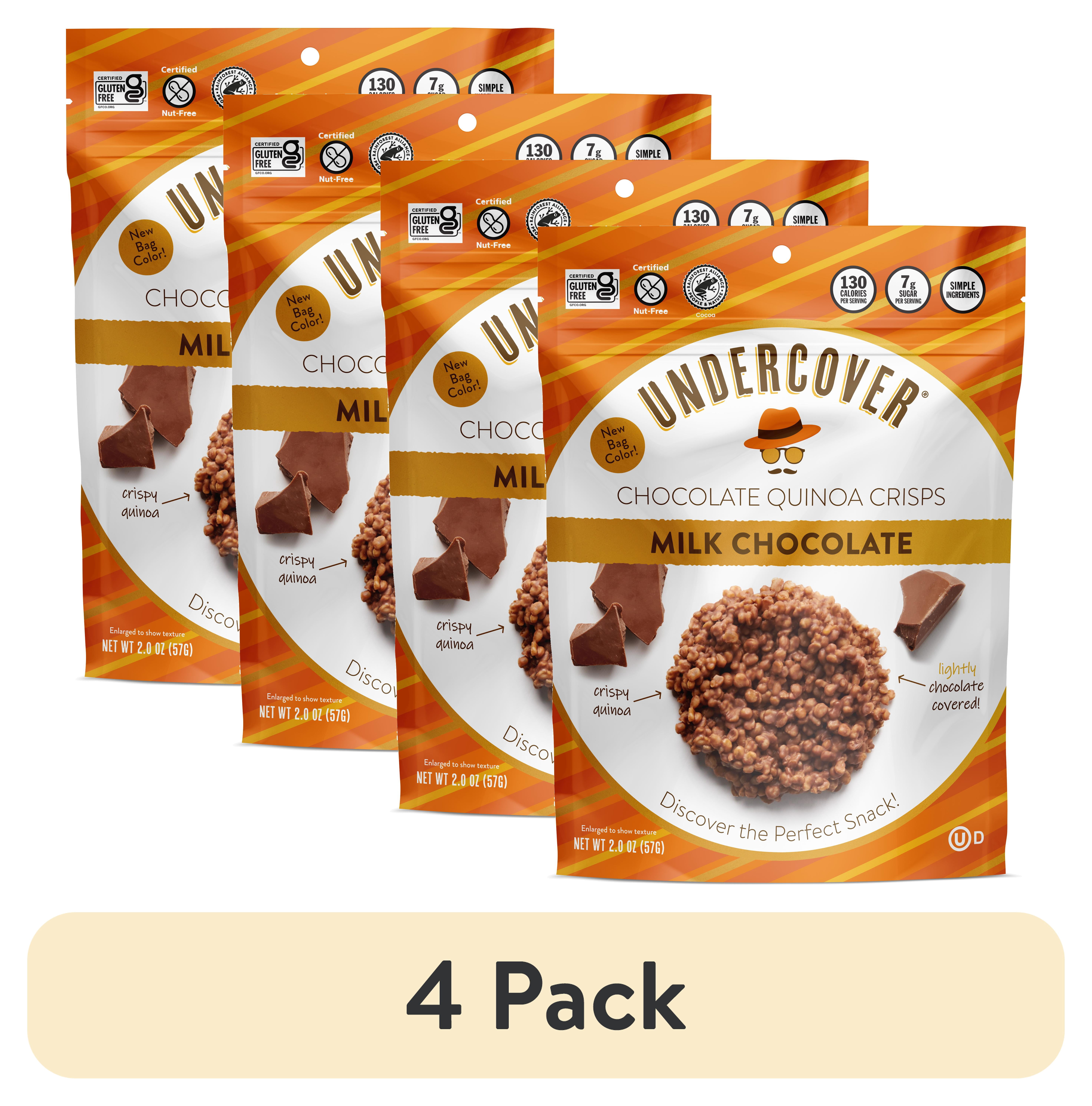 (4 pack) Undercover Snacks Crispy Quinoa Milk Chocolate Snack Bars, 2 oz