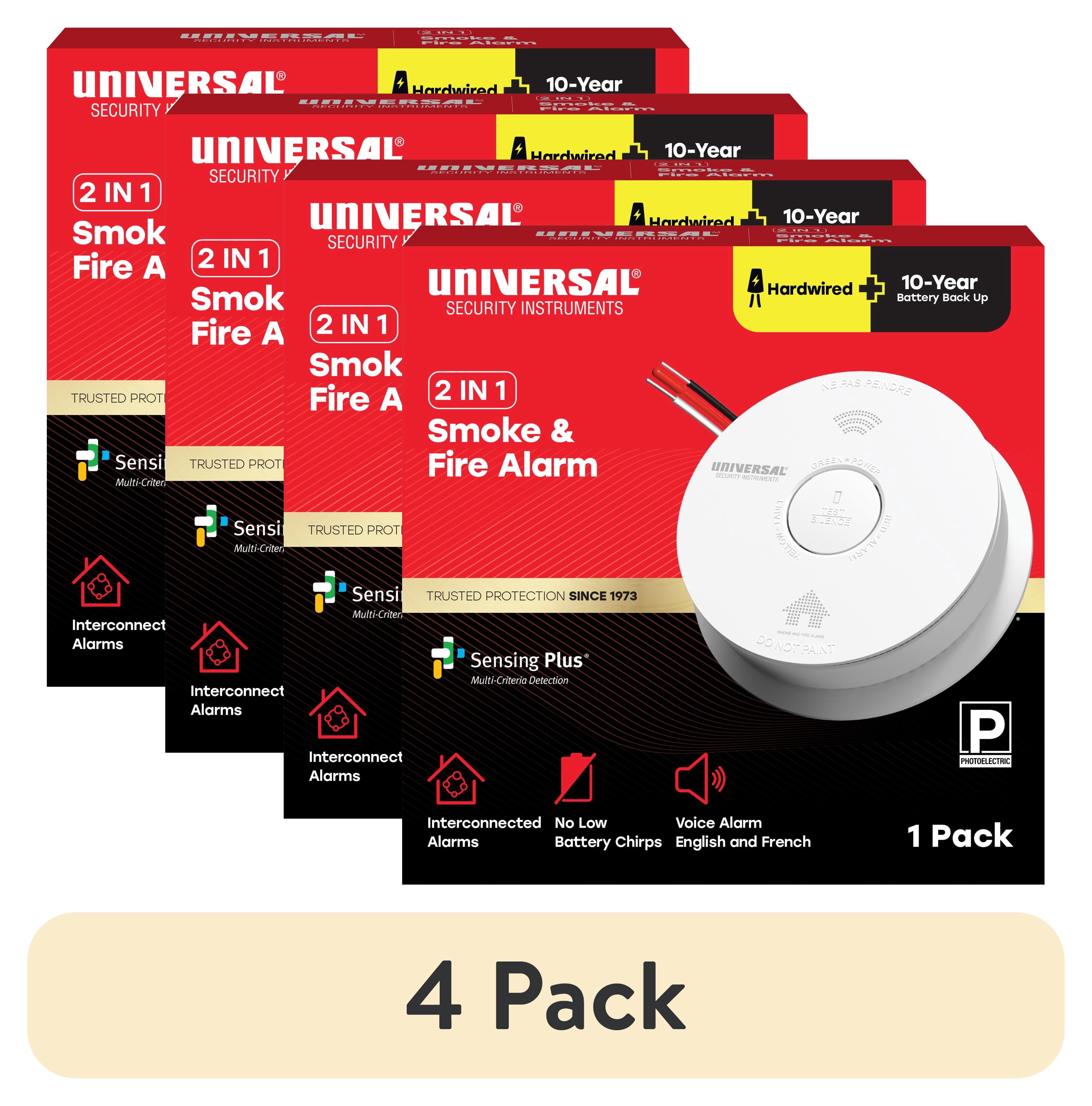 (4 pack) Universal Security Instruments 2 IN 1 Hardwire Smoke & Fire ...