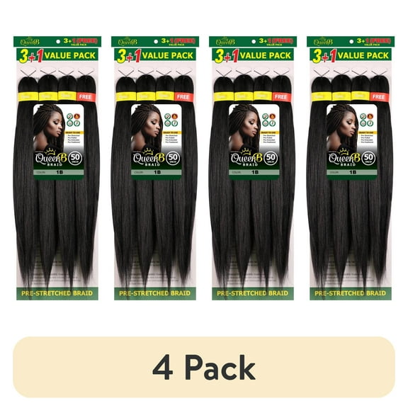 (4 pack) QueenB 4X Value Pack Pre-Stretched Braiding Hair 50” – Color #1B