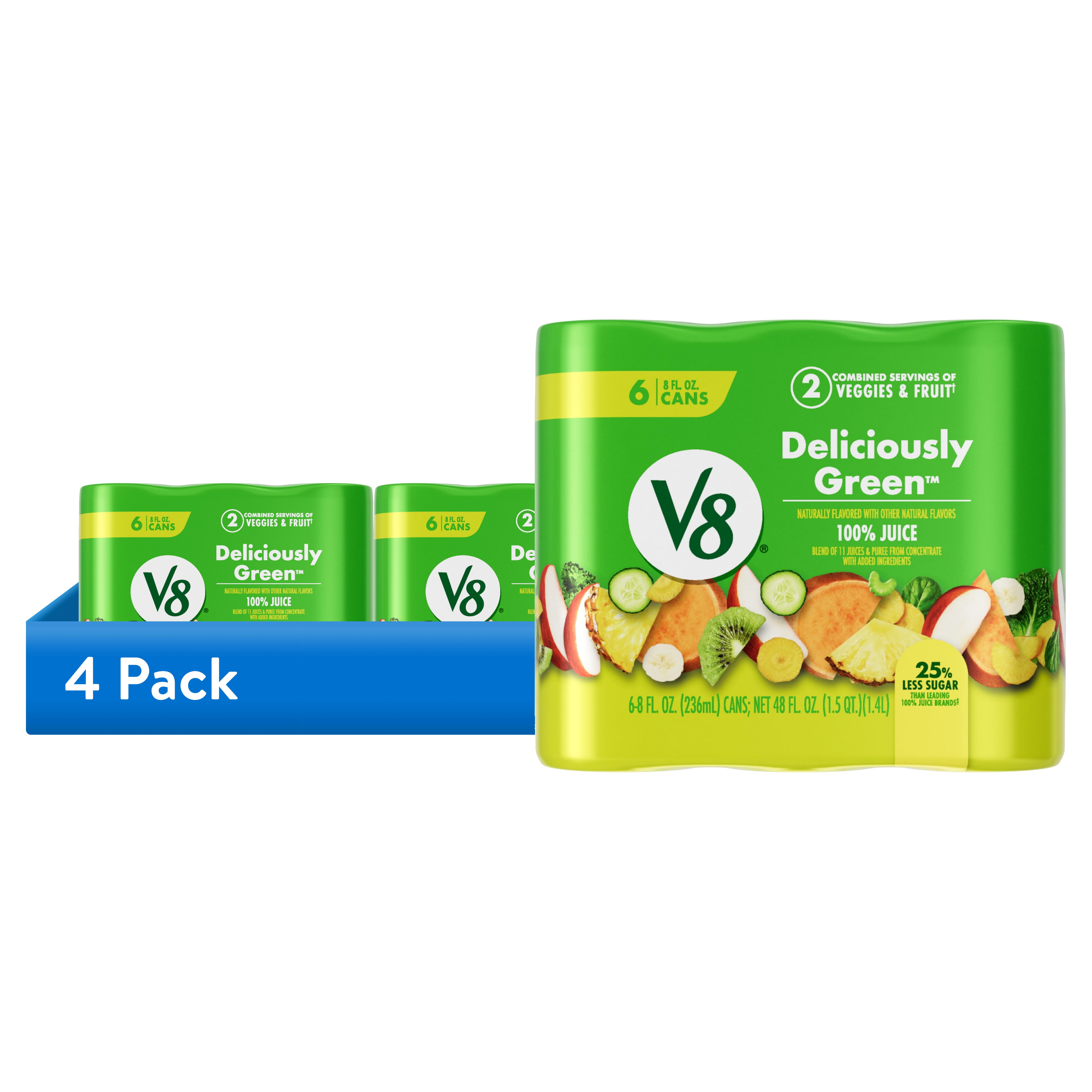 (4 pack) V8 Deliciously Green 100% Fruit and Vegetable Juice, 8 fl oz Can, 6 Count