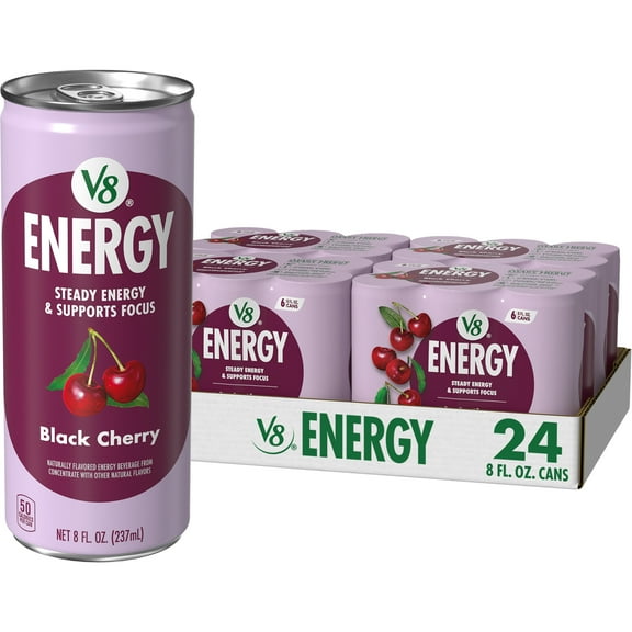 (4 pack) V8 Energy Black Cherry Energy Drink, 8 fl oz Can, 24 Pack
