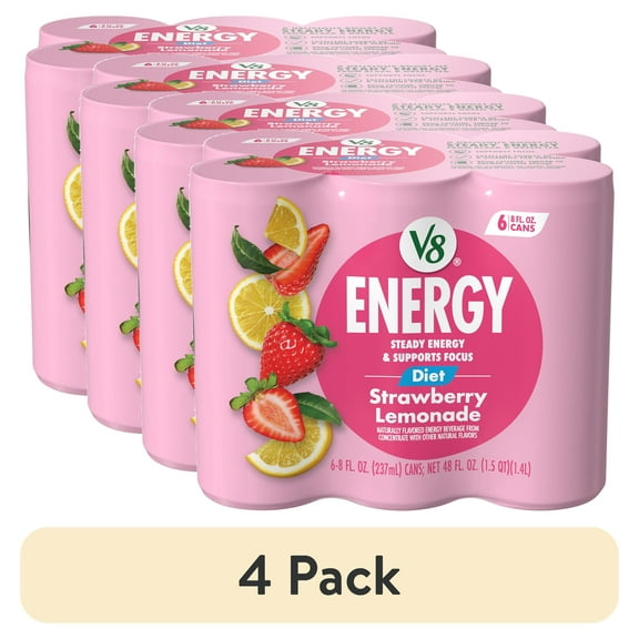 (4 pack) V8 Energy Diet Strawberry Lemonade Juice Energy Drink, 8 fl oz Can (6 Pack)
