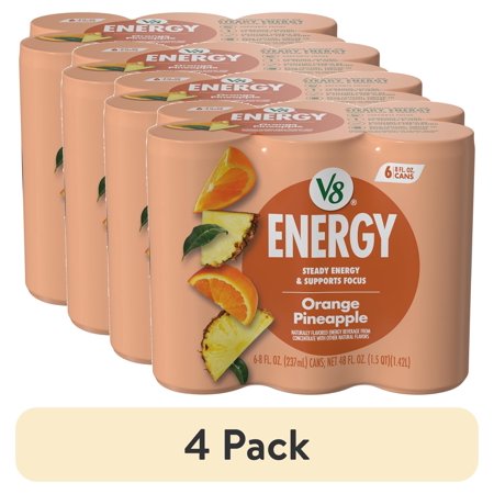 (4 pack) V8 Energy Orange Pineapple Energy Drink, 8 fl oz Can, 6 Pack
