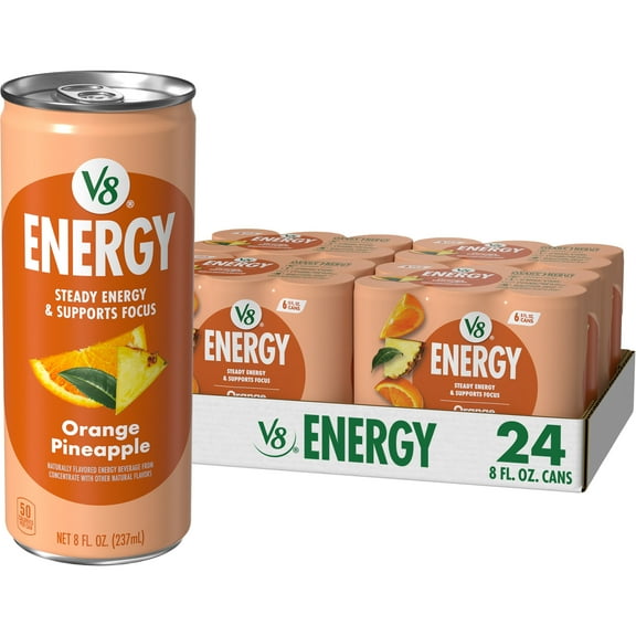 (4 pack) V8 Energy Orange Pineapple Energy Drink, 8 fl oz Can, 24 Pack