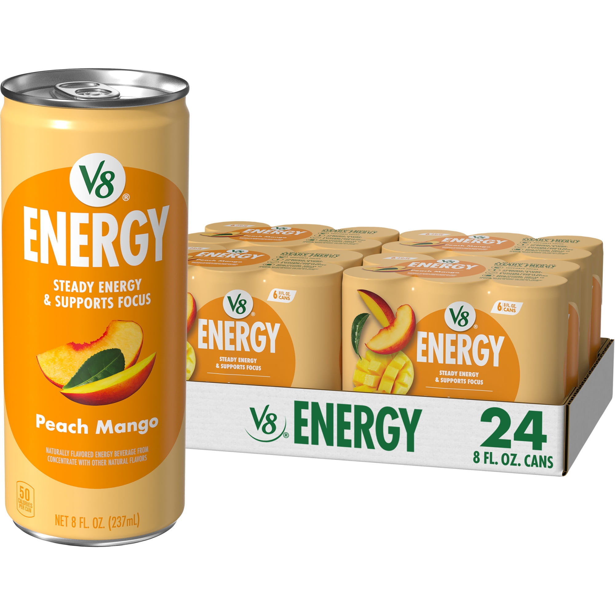 (4 pack) V8 Energy Peach Mango Energy Drink, 8 fl oz Can, 24 Pack