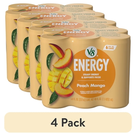 (4 pack) V8 Energy Peach Mango Energy Drink, 8 fl oz Can, 6 pack