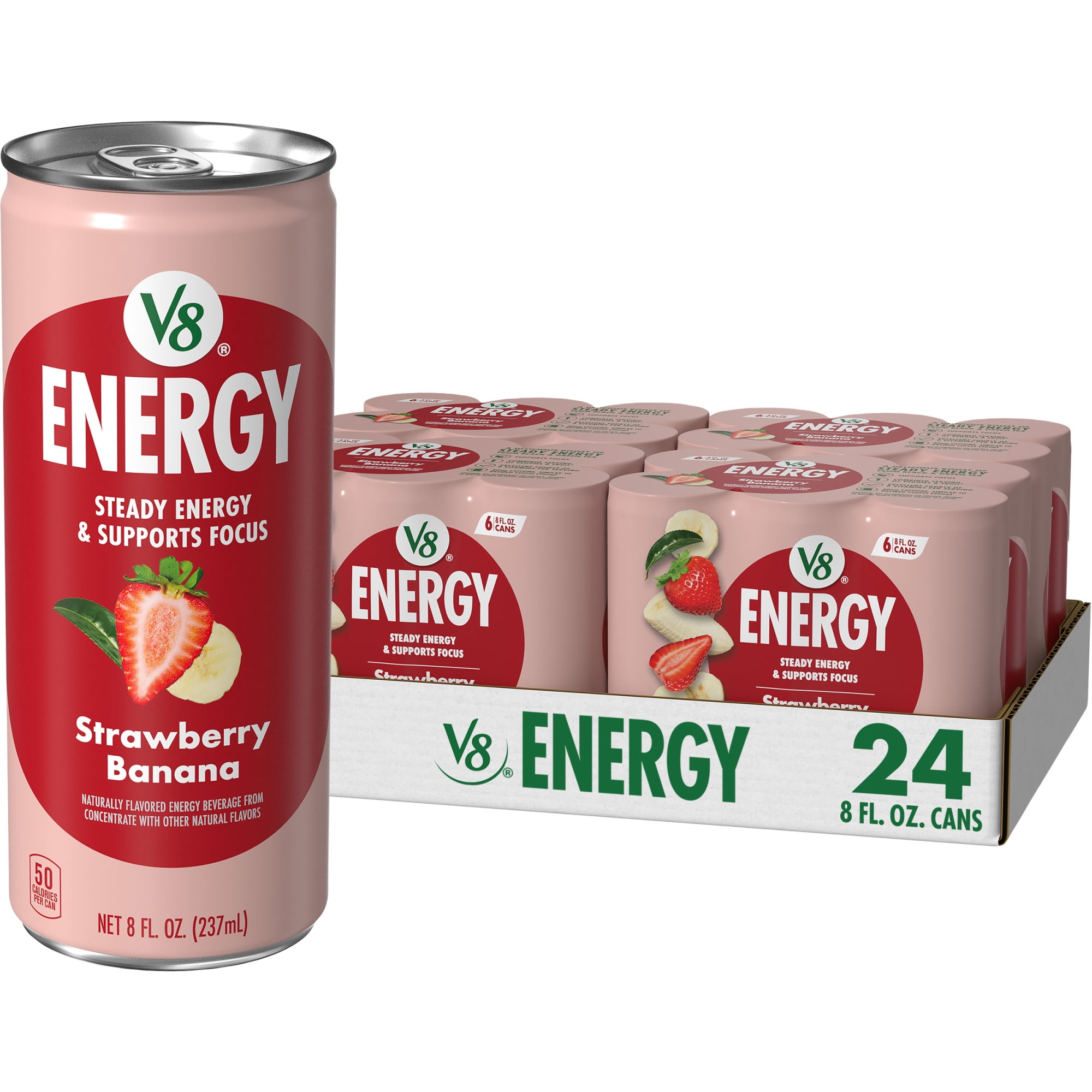(4 pack) V8 Energy Strawberry Banana Juice Energy Drink, 8 fl oz Can (24 Pack)