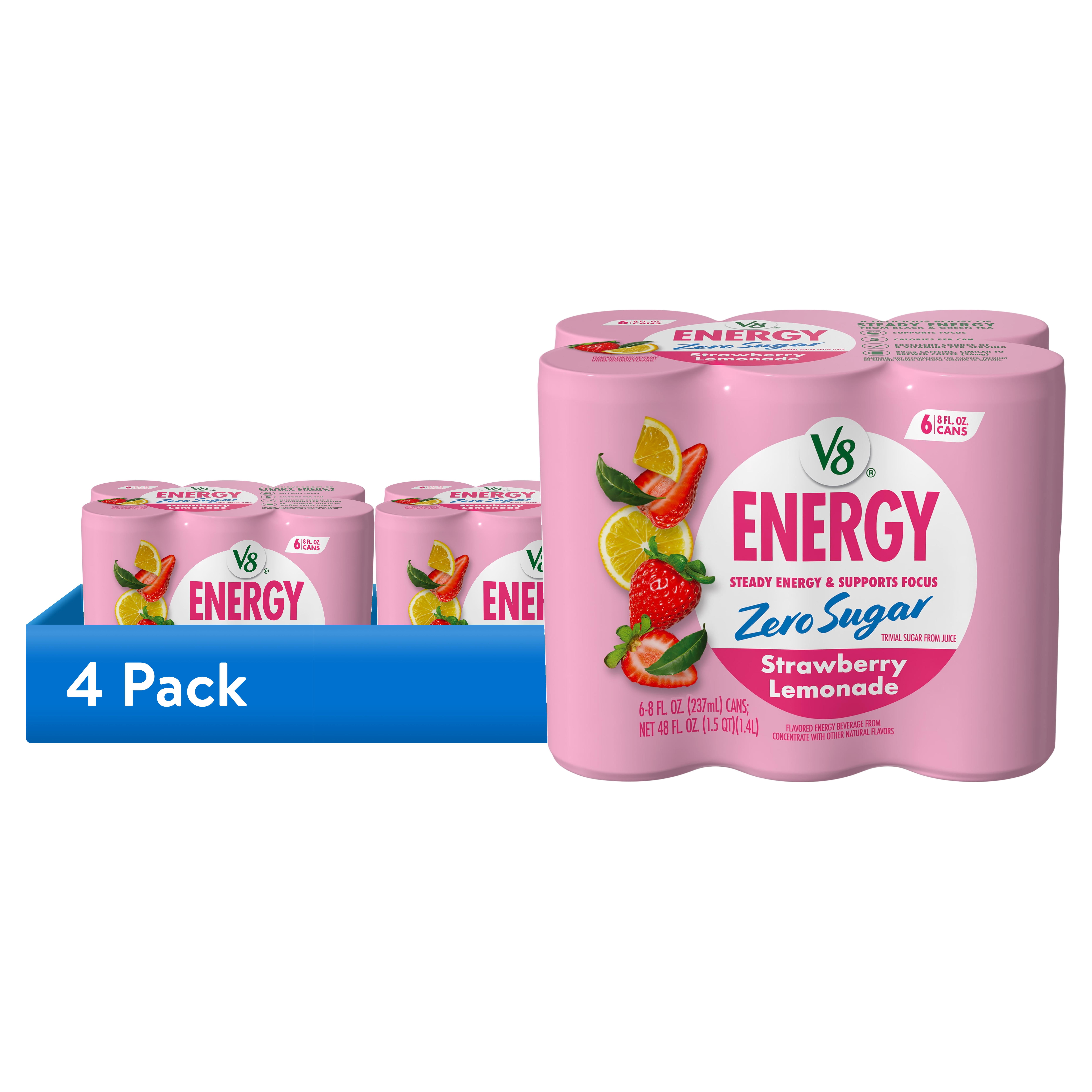 (4 pack) V8 Energy Zero Sugar Strawberry Lemonade, 8 fl. oz. Can (6 Pack)