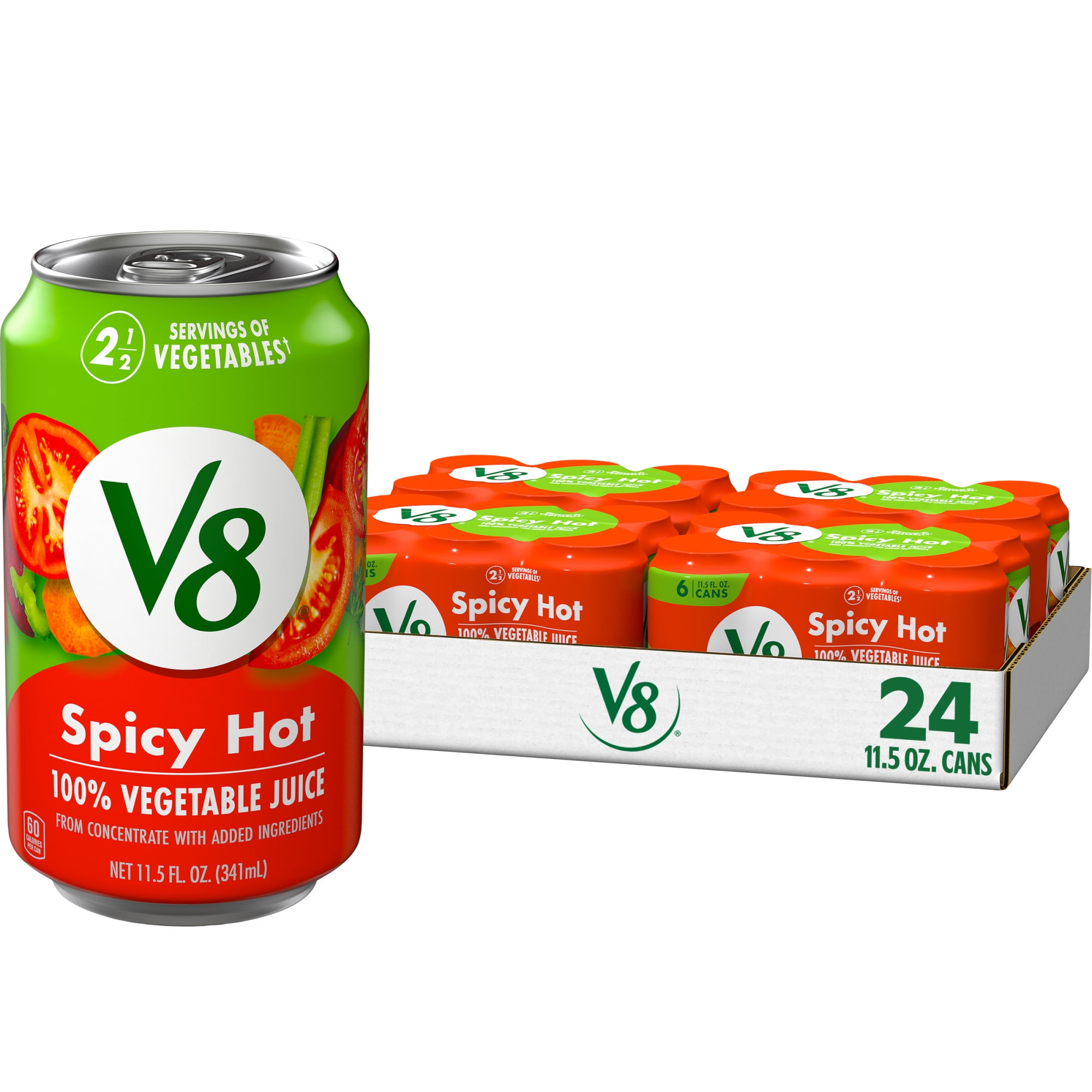 (4 pack) V8 Spicy Hot 100% Vegetable Juice, 11.5 fl oz Can, 24 Count (4 Packs of 6)