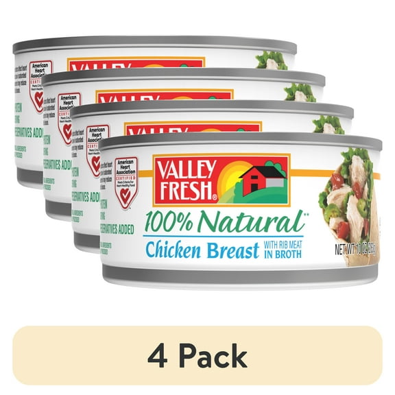 (4 pack) VALLEY FRESH 100% Natural* Chicken Breast with Rib Meat in Water, Shelf Stable, 10 oz Steel Can