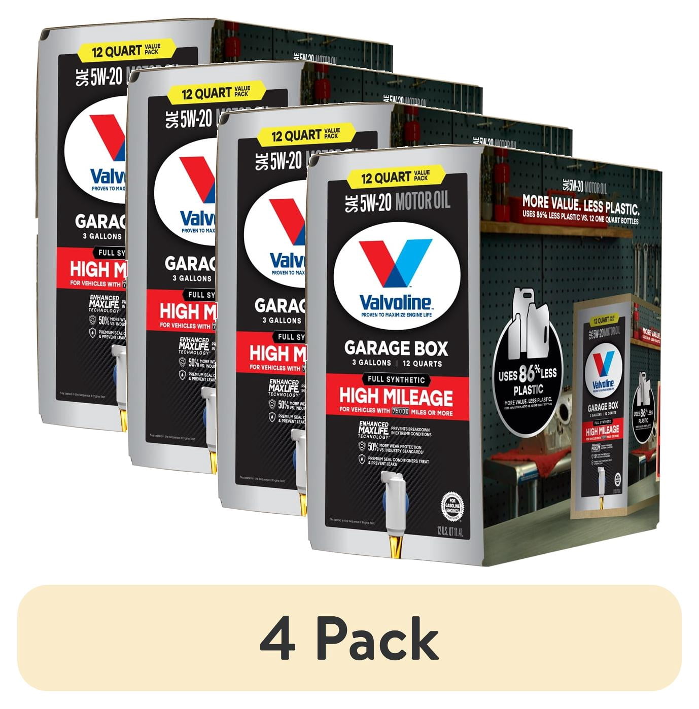 (4 pack) Valvoline Full Synthetic High Mileage with MaxLife Technology 5W-20 Motor Oil 12 QT Garage Box