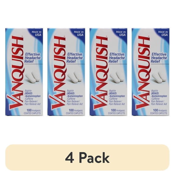 (4 pack) Vanquish Effective Headache Relief – Aspirin (NSAID), Acetaminophen, Caffeine, 100 Analgesic Coated Caplets