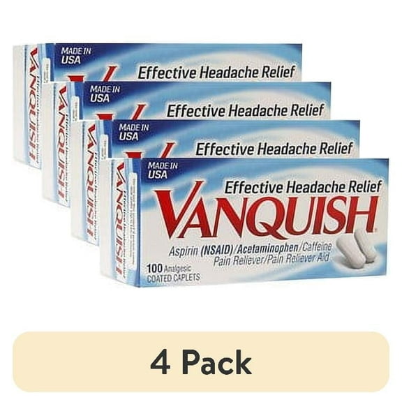 (4 pack) Vanquish Effective Headache Relief Aspirin (NSAID), Acetaminophen, Caffeine, 100 Analgesic Coated Caplets