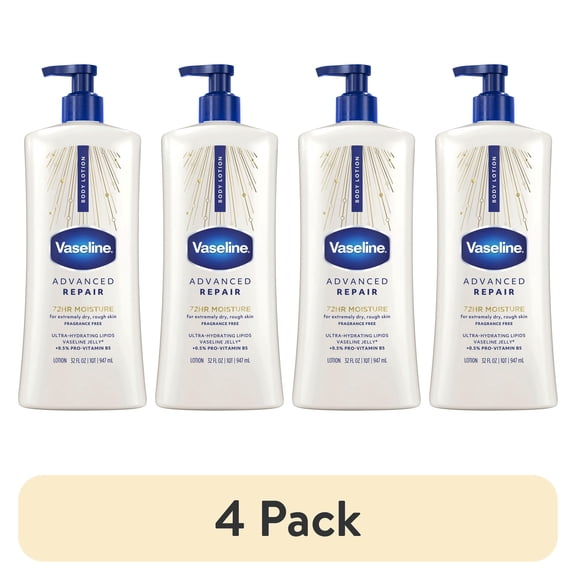 (4 pack) Vaseline Intensive Care Body Lotion for Dry Skin Advanced Repair Unscented Lotion Made with Ultra-Hydrating Lipids + Vaseline Jelly to Repair Extremely Dry Skin, 32 fl oz