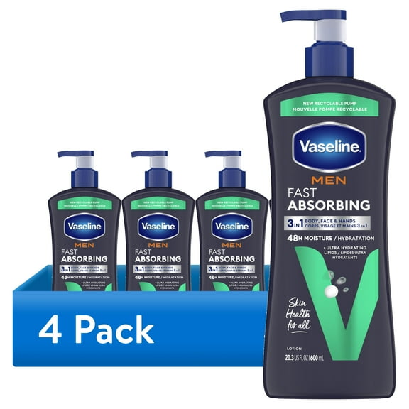 (4 pack) Vaseline Men Fast Absorbing 3-in-1 Face, Hands & Body Lotion for Men Dry Skin, 20.3 oz