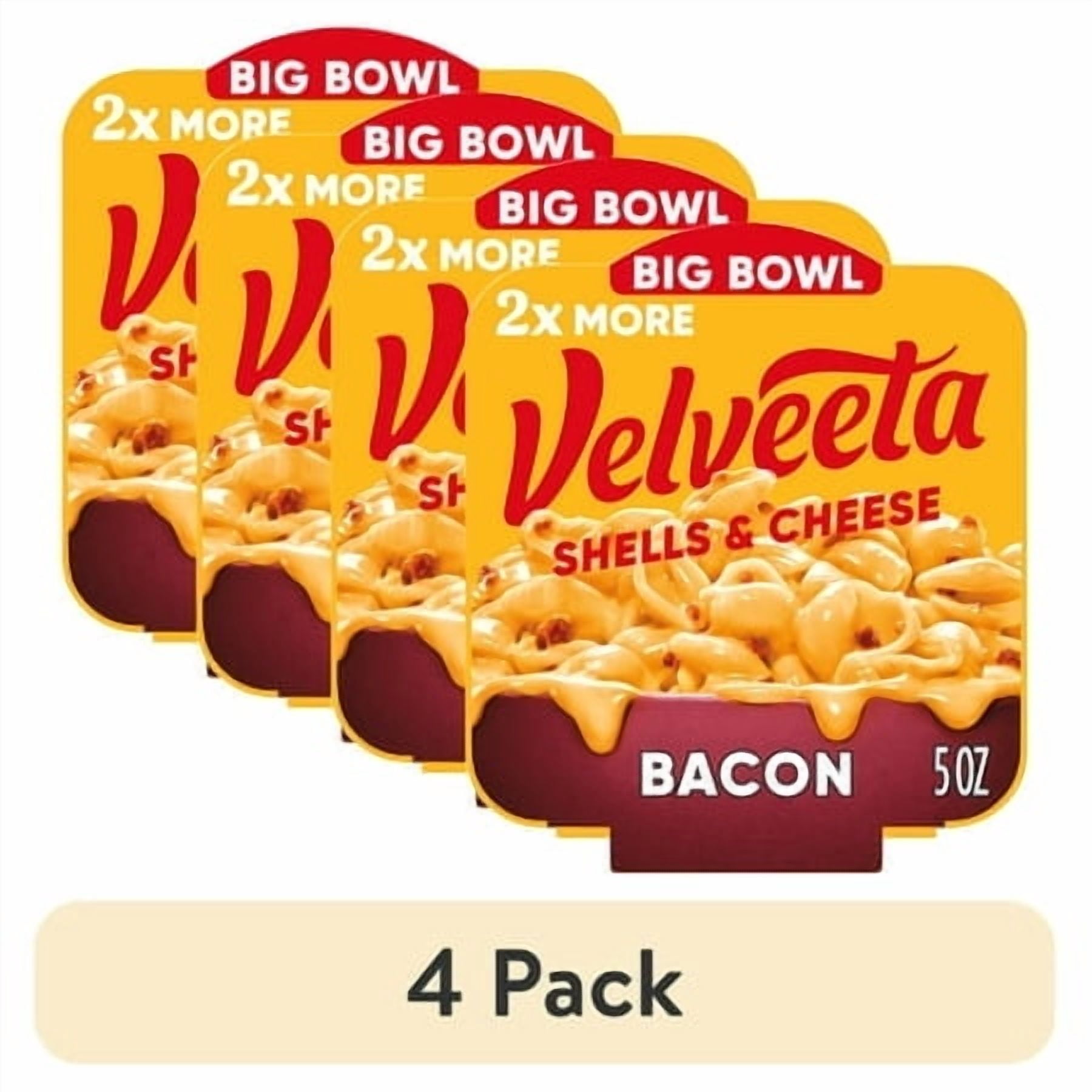 (4 pack) Velveeta Shells and Cheese Mac and Cheese with Bacon, 1 Big Bowl, for Easy Dinner or Dinner Sides, Made with Real Cheese, 5 oz