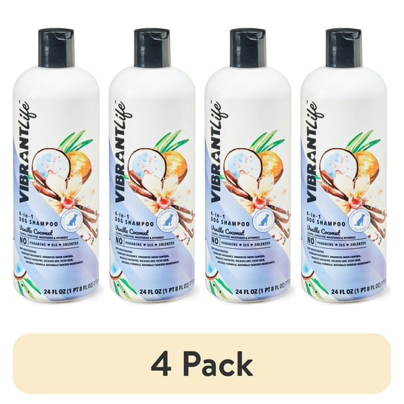 (4 pack) Vibrant Life 4-in-1 Dog Shampoo, Vanilla Coconut Scent, Cleanse, Condition, Moisturize and Detangle your dog's fur, 24 fl oz