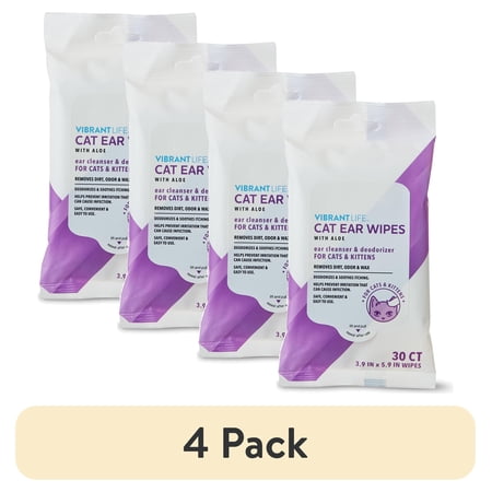 (4 pack) Vibrant Life Cat Ear Wipes with Aloe, 30 Count. Cat Ear Care Type of Wipe.
