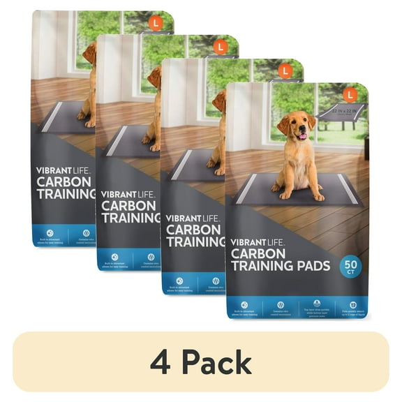 (4 pack) Vibrant Life Charcoal Training Pads Odor Control, Super Absorbent, Leak Proof, & Fast Dry Dog and Puppy Pee Pads L 22in x 22in, 50Count