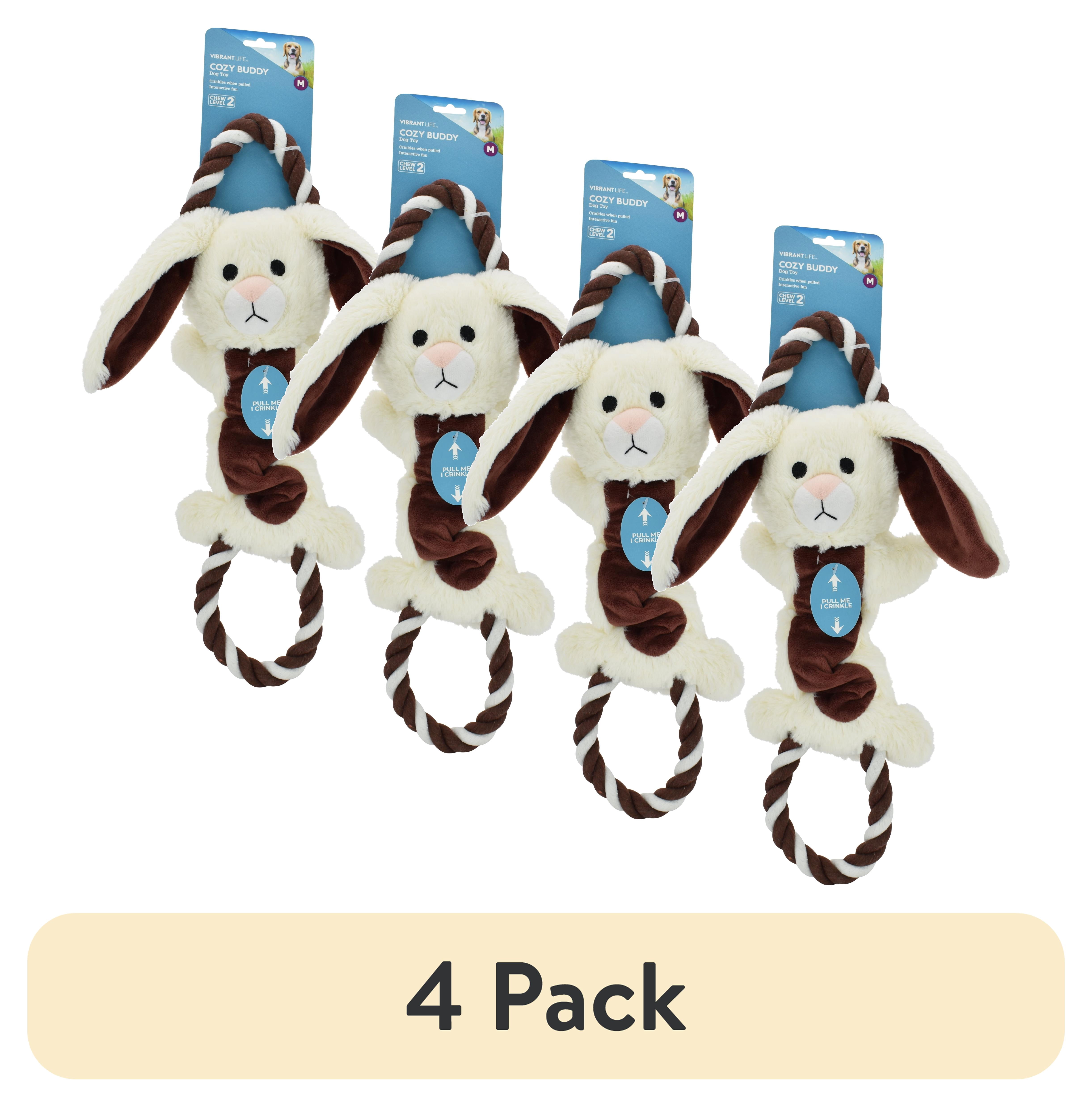 (4 pack) Vibrant Life Cozy Buddy with Rope Dog Toy, Pull and Crinkle Animal