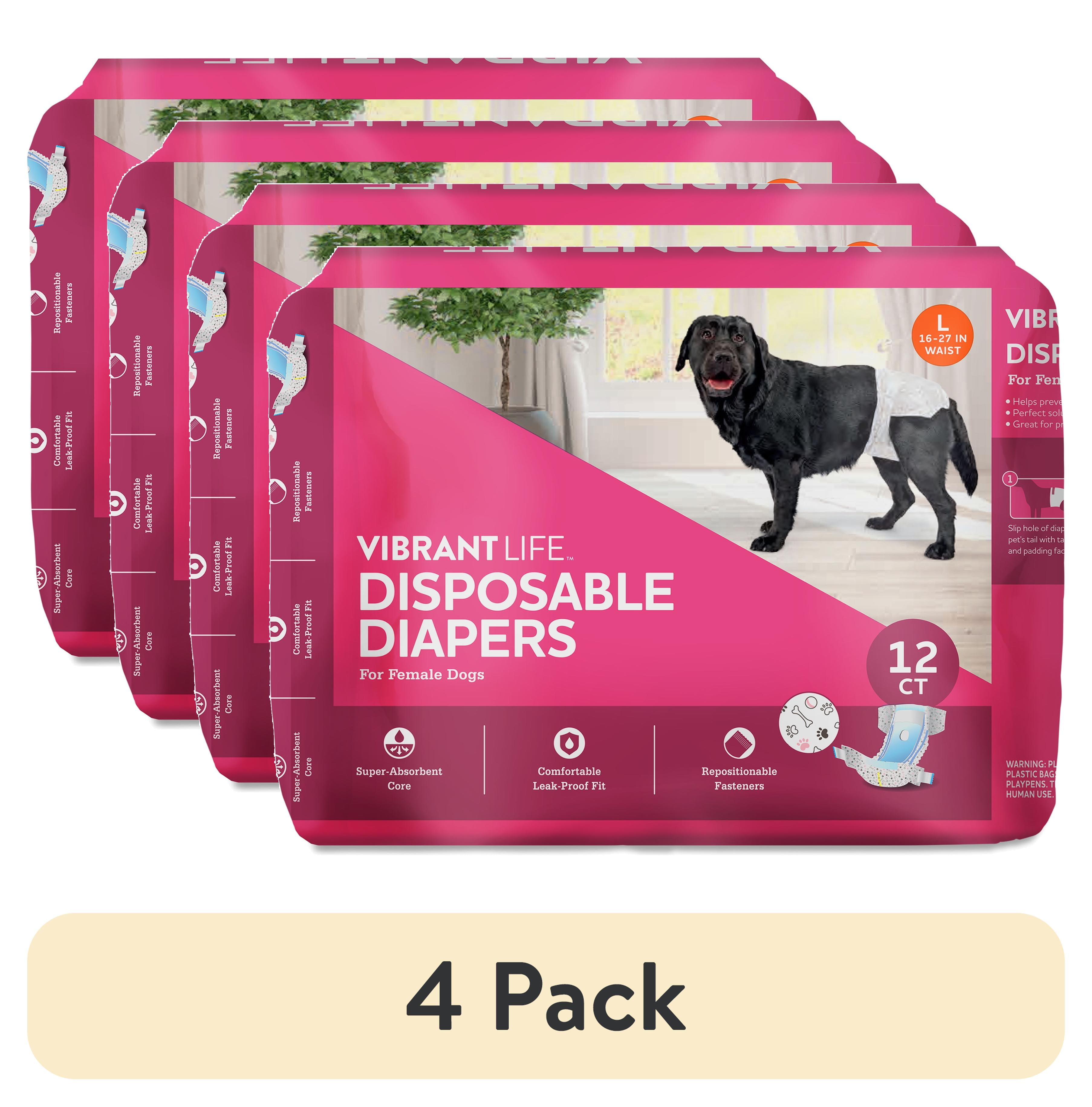 (4 pack) Vibrant Life Disposable Dog Diapers for Female Dogs, L, 12 Count