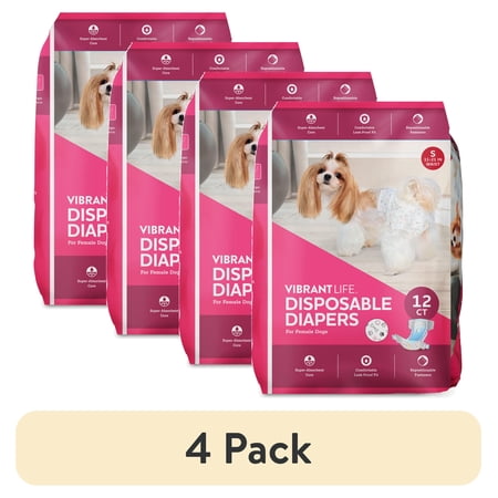 (4 pack) Vibrant Life Disposable Dog Diapers for Female Dogs, Small, 12 Count