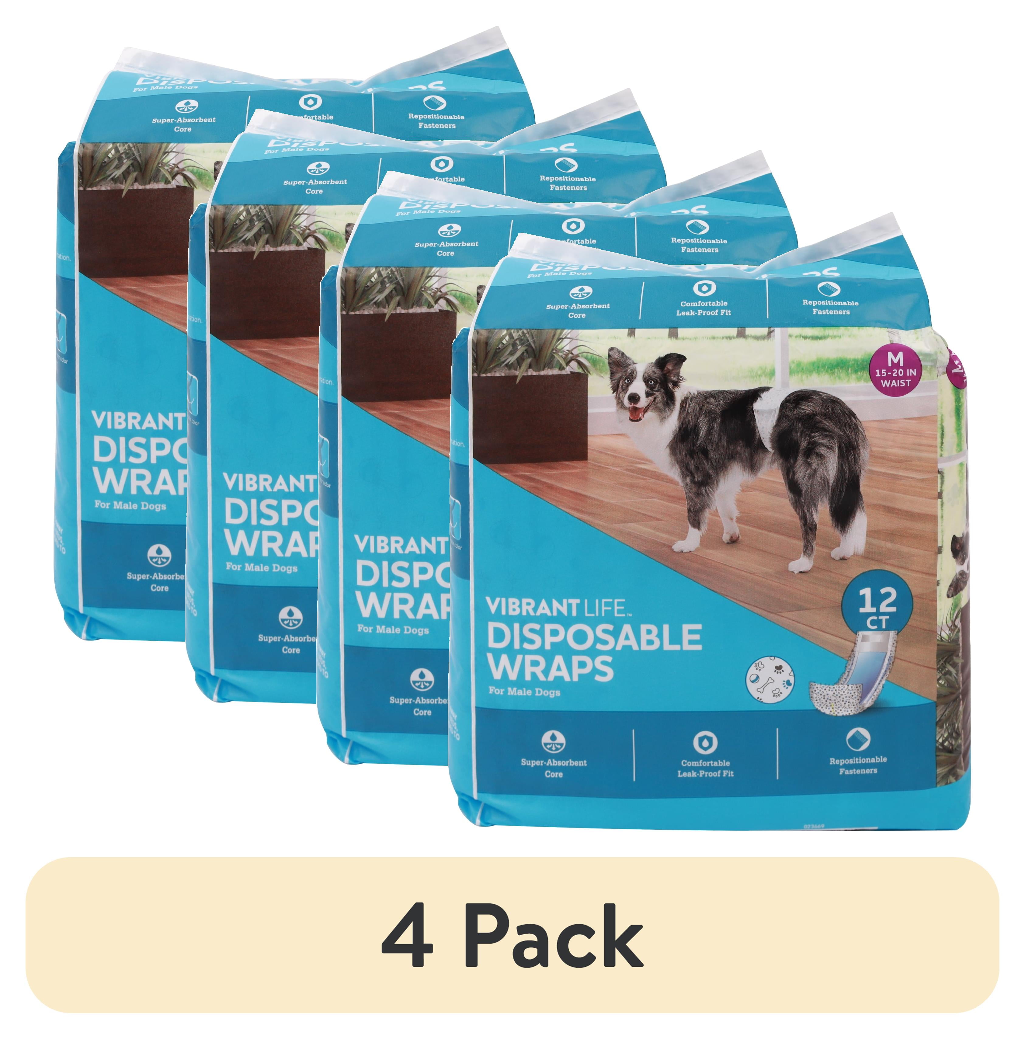 (4 pack) Vibrant Life Disposable Dog Wraps for Male Dogs, M, 12 Count