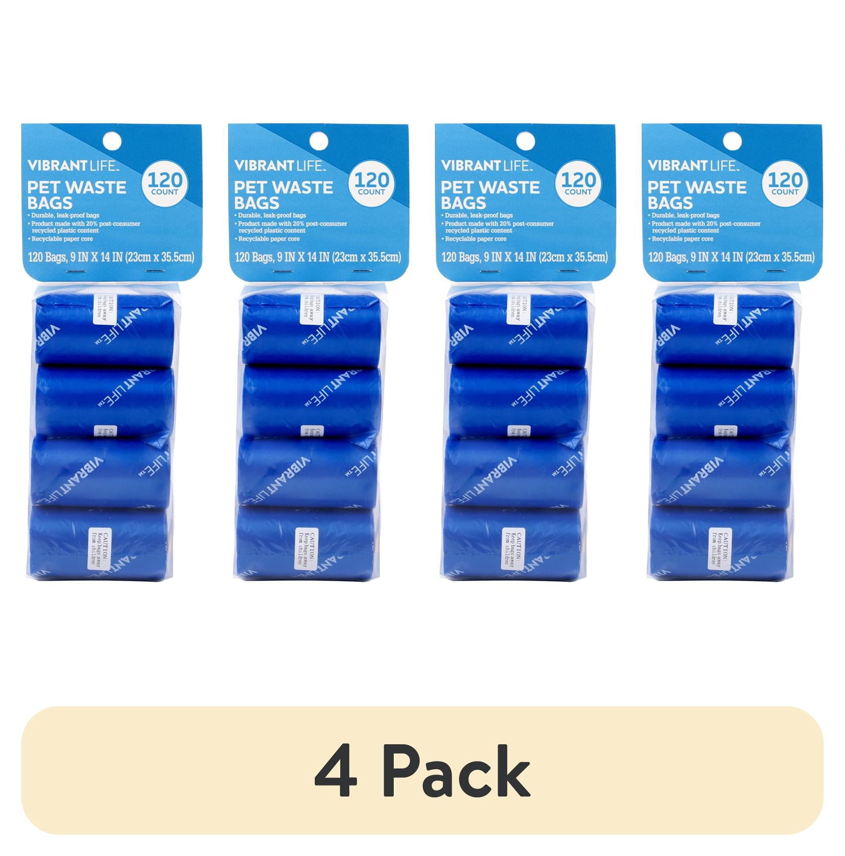 (4 pack) Vibrant Life Dog Waste Bags Refills, Total 120 Count on 8 rolls, Blue, 9" x 14"