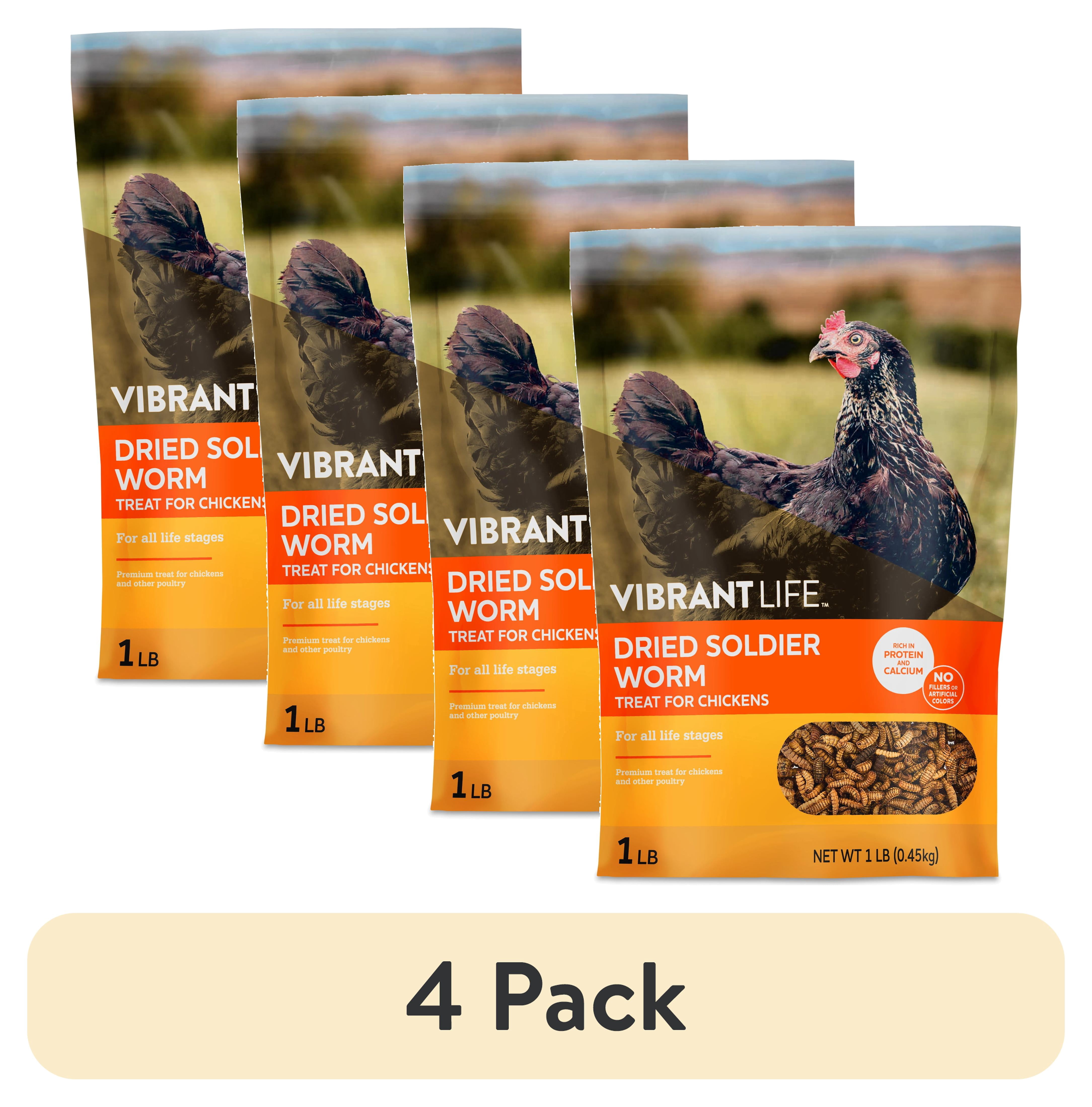 (4 pack) Vibrant Life Dried Soldier Worm Treats for Chickens, 1 lb Bag