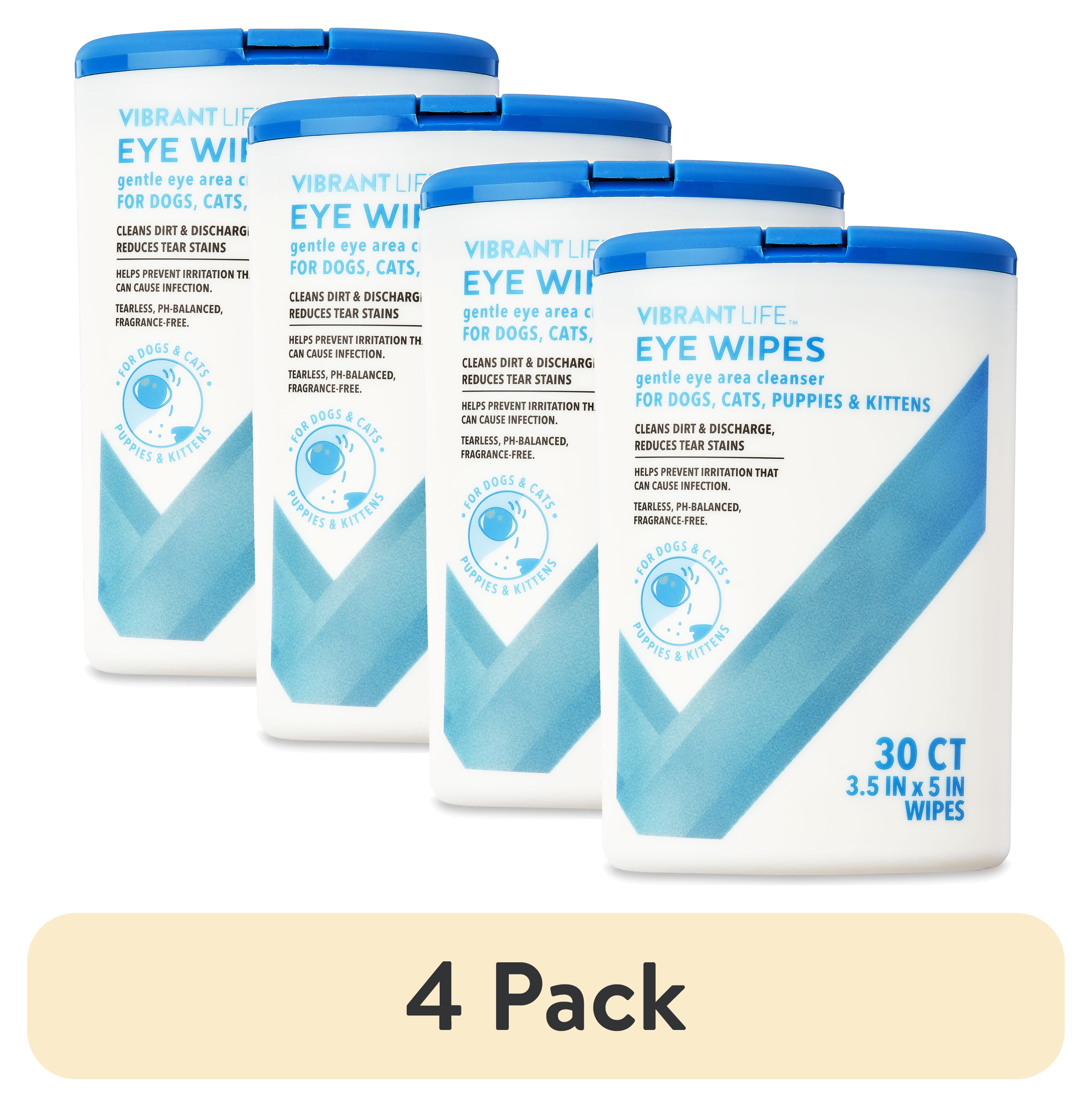 (4 pack) Vibrant Life Eye Wipes for Cats & Dogs, 30 Count Eye Cleanser, Tear Stain Remover.