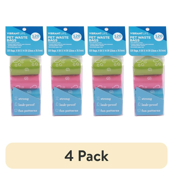 (4 pack) Vibrant Life Fashion Waste Pick up Bags for Dogs, Blue, 120 Ct.