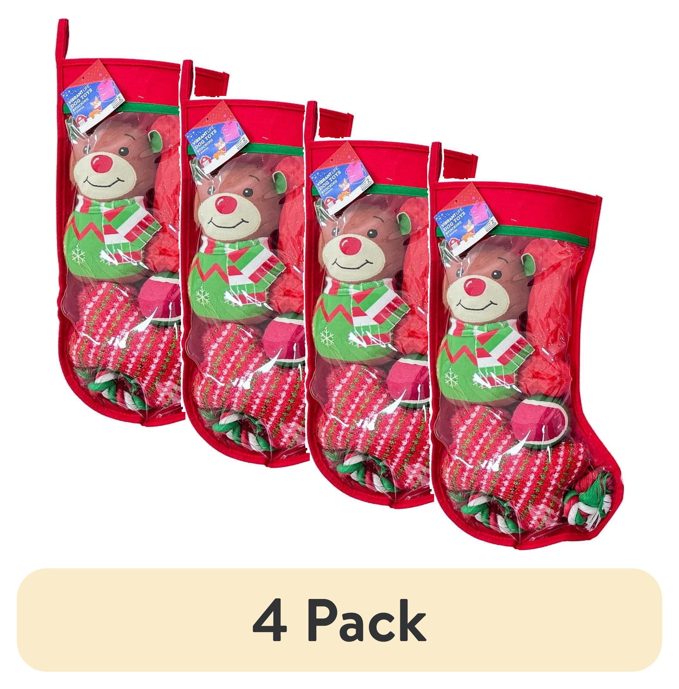 (4 pack) Vibrant Life Holiday 5-Piece Dog Toy Stocking Gift Set, Red, Chew Level 2