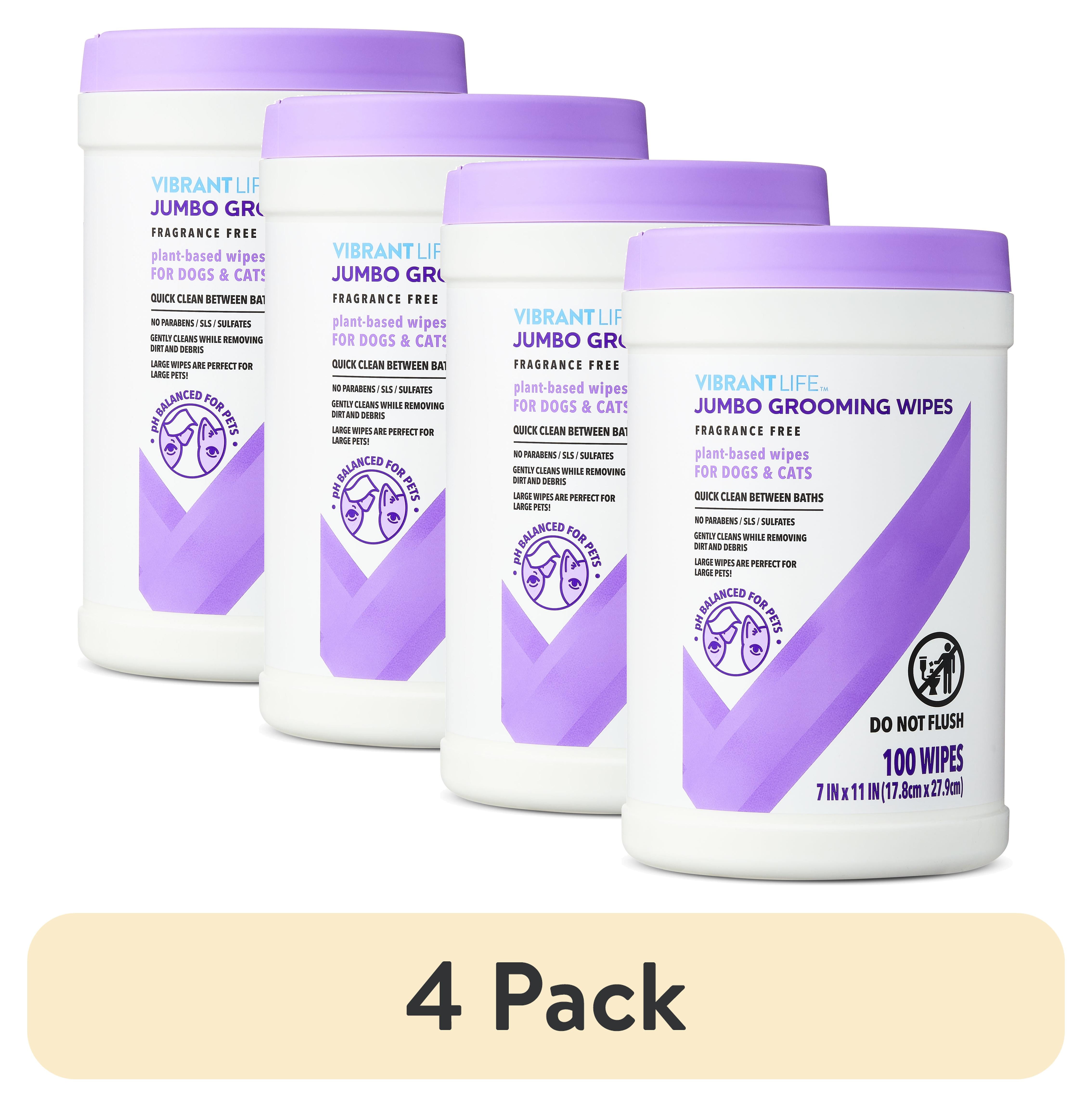 4 pack) Vibrant Life Jumbo Grooming Wipes for Dogs & Cats