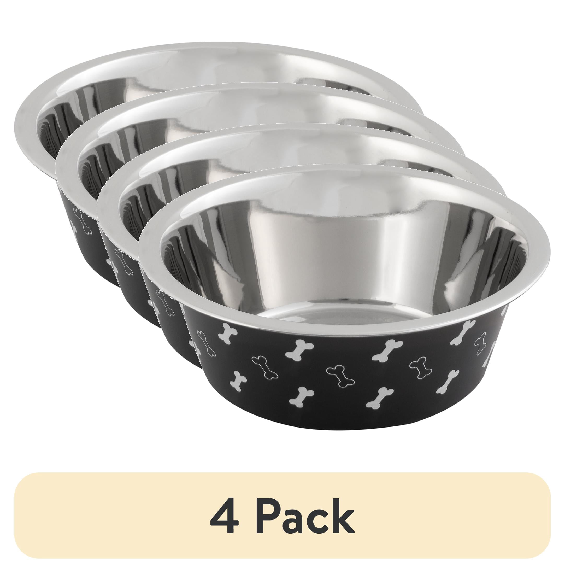 (4 pack) Vibrant Life Large Stainless Steel Dog Bowl, 48 fl oz, Black with Bones