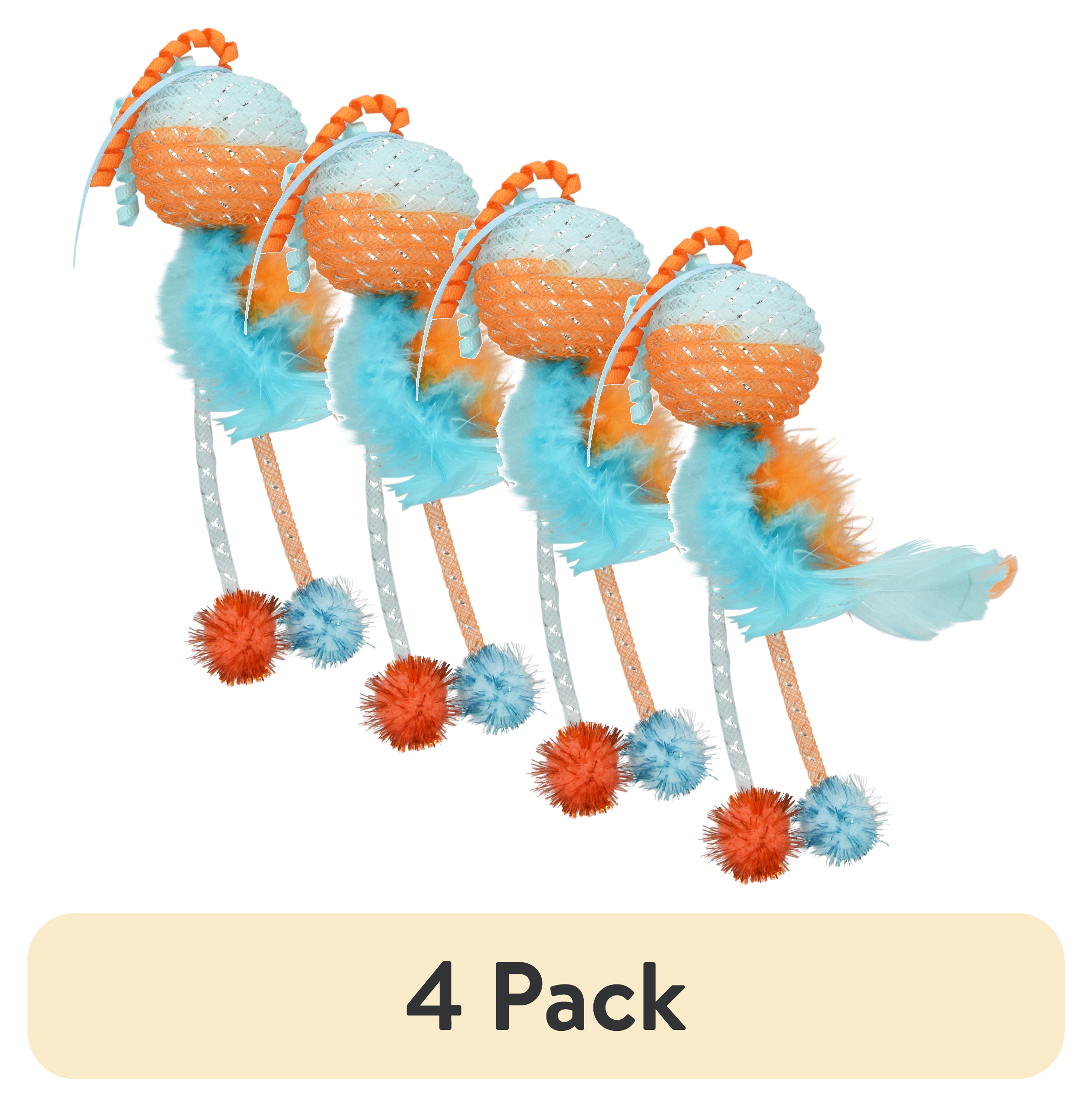(4 pack) Vibrant Life Mesh Feather Ball Cat Toy, Orange/Blue