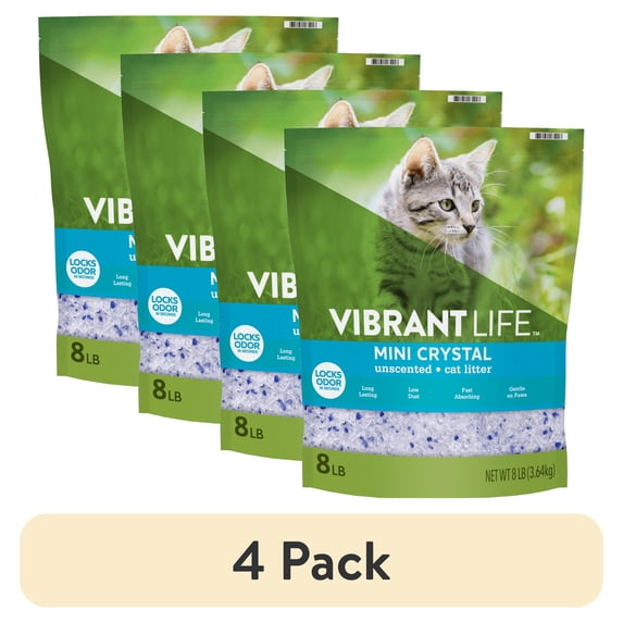 (4 pack) Vibrant Life Mini Crystal Cat Litter, Unscented, 8 lb Bag, 1 Count