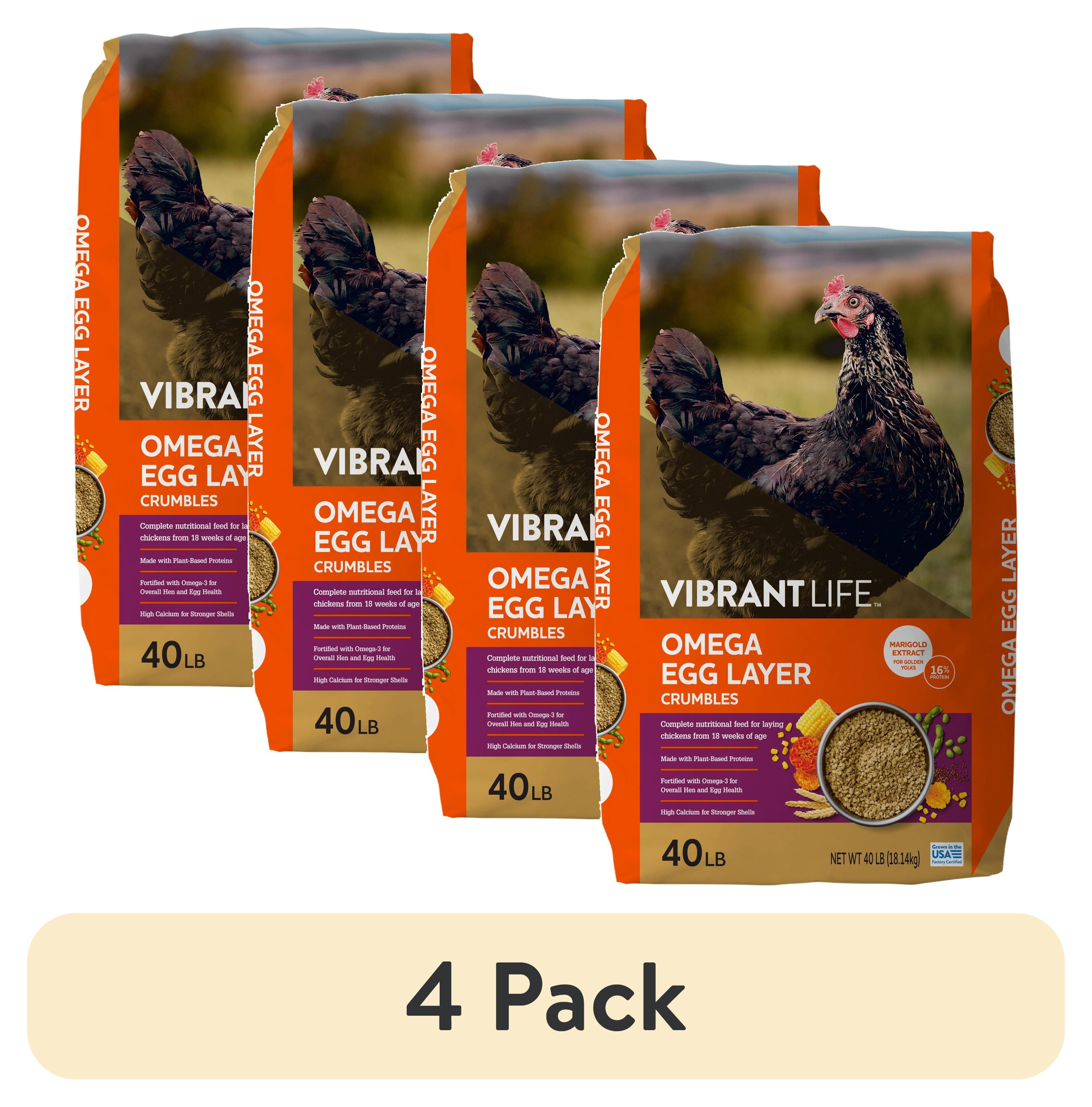 (4 pack) Vibrant Life Omega Egg Layer Crumble, 40 lb Bag