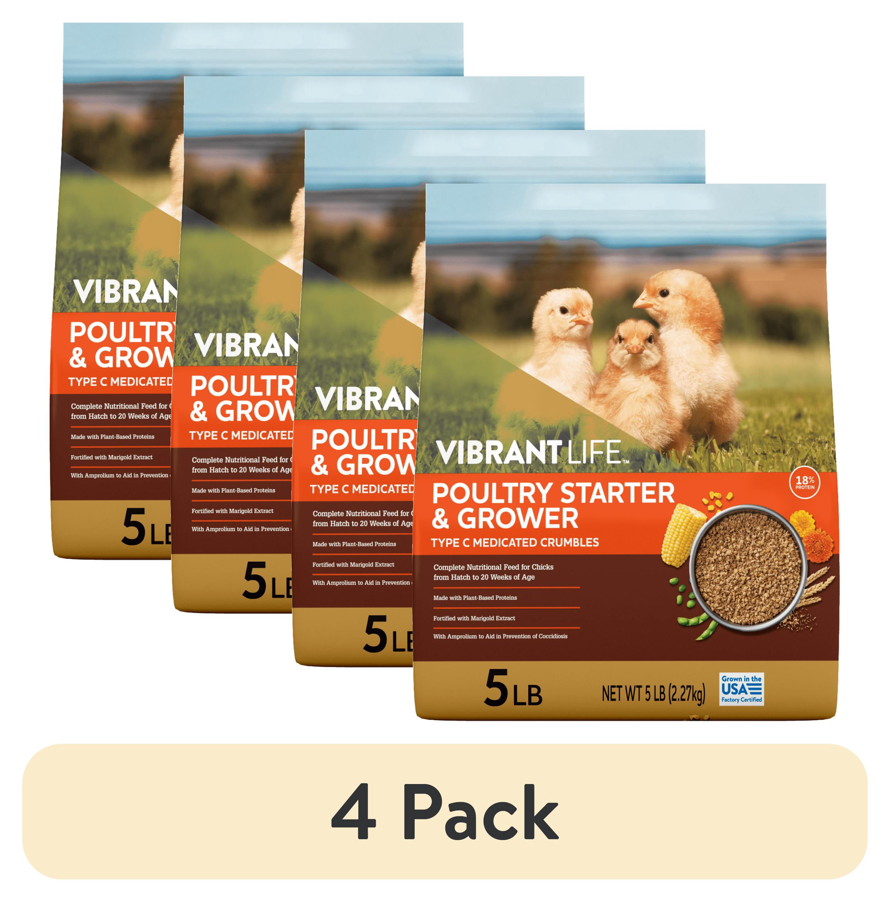 (4 pack) Vibrant Life Poultry Starter and Grower Type C Medicated Crumbles, 5 lb Bag