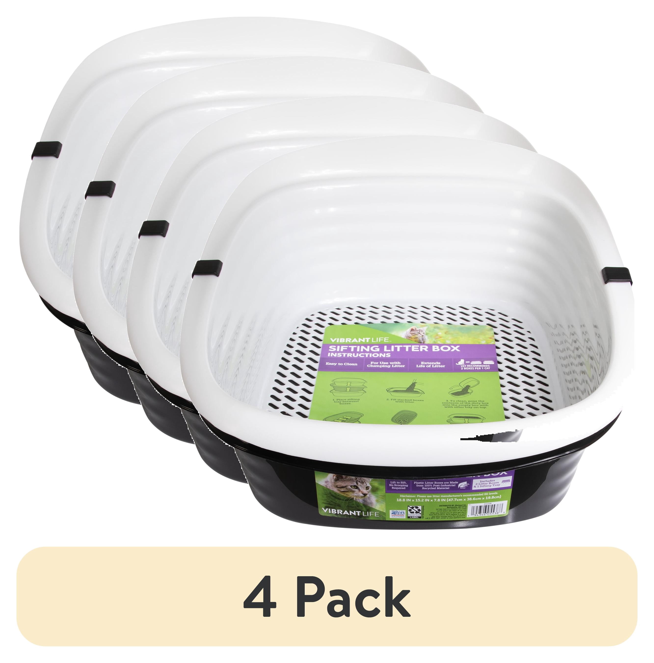 (4 pack) Vibrant Life Sifting Cat Litter Box with 2 Open Top Plastic Pans and Sifting Tray, Large, Black