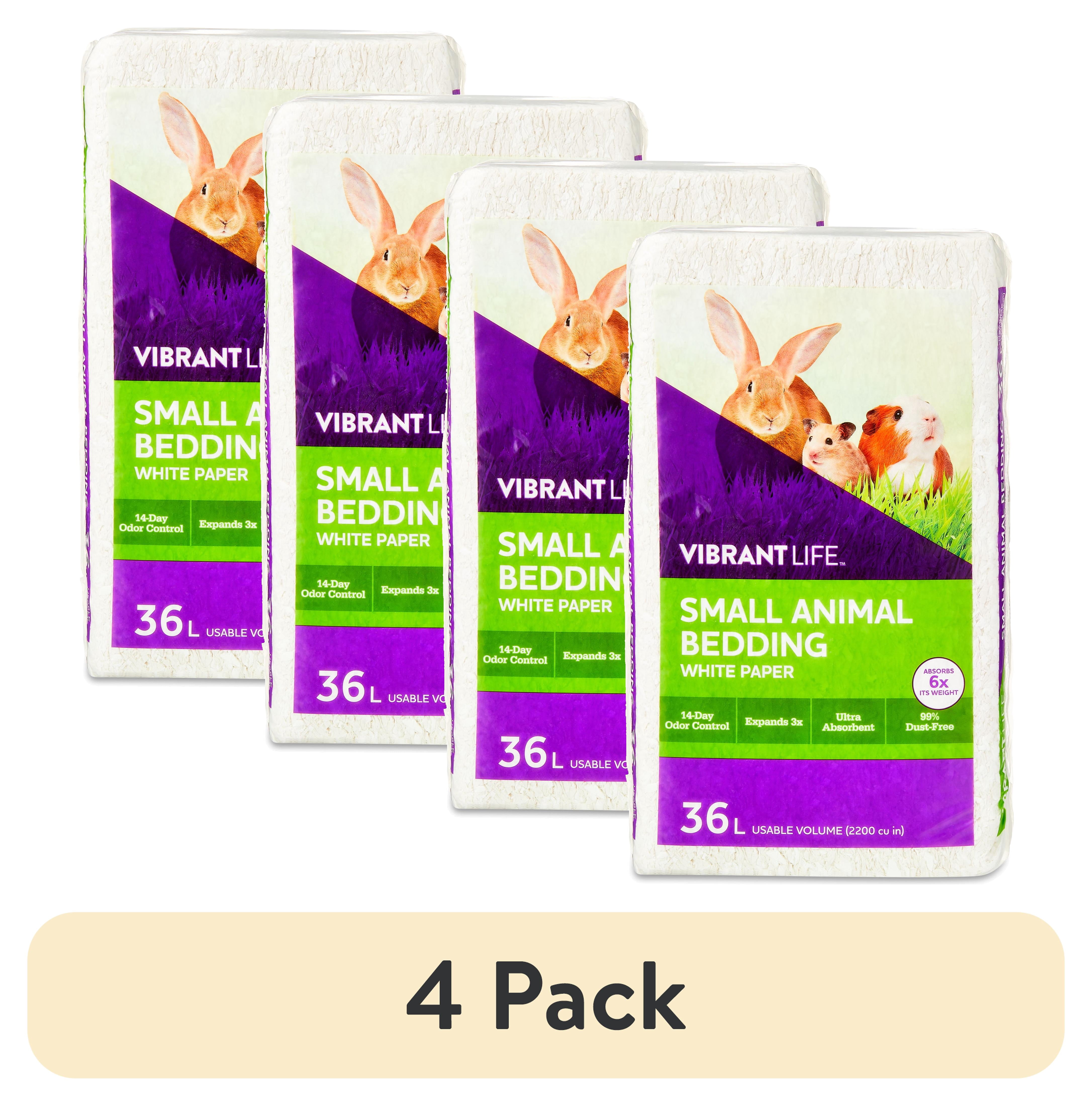(4 pack) Vibrant Life Small Animal Bedding, White Paper, 36 L Bag