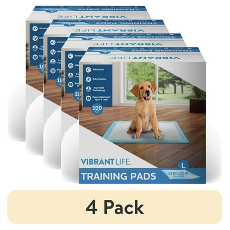 (4 pack) Vibrant Life Training Pads â€“ Super Absorbent, Leak Proof, & Fast Dry Dog and Puppy Pee Pads â€“ L 22â€¯in x 22â€¯in, 100â€¯Count