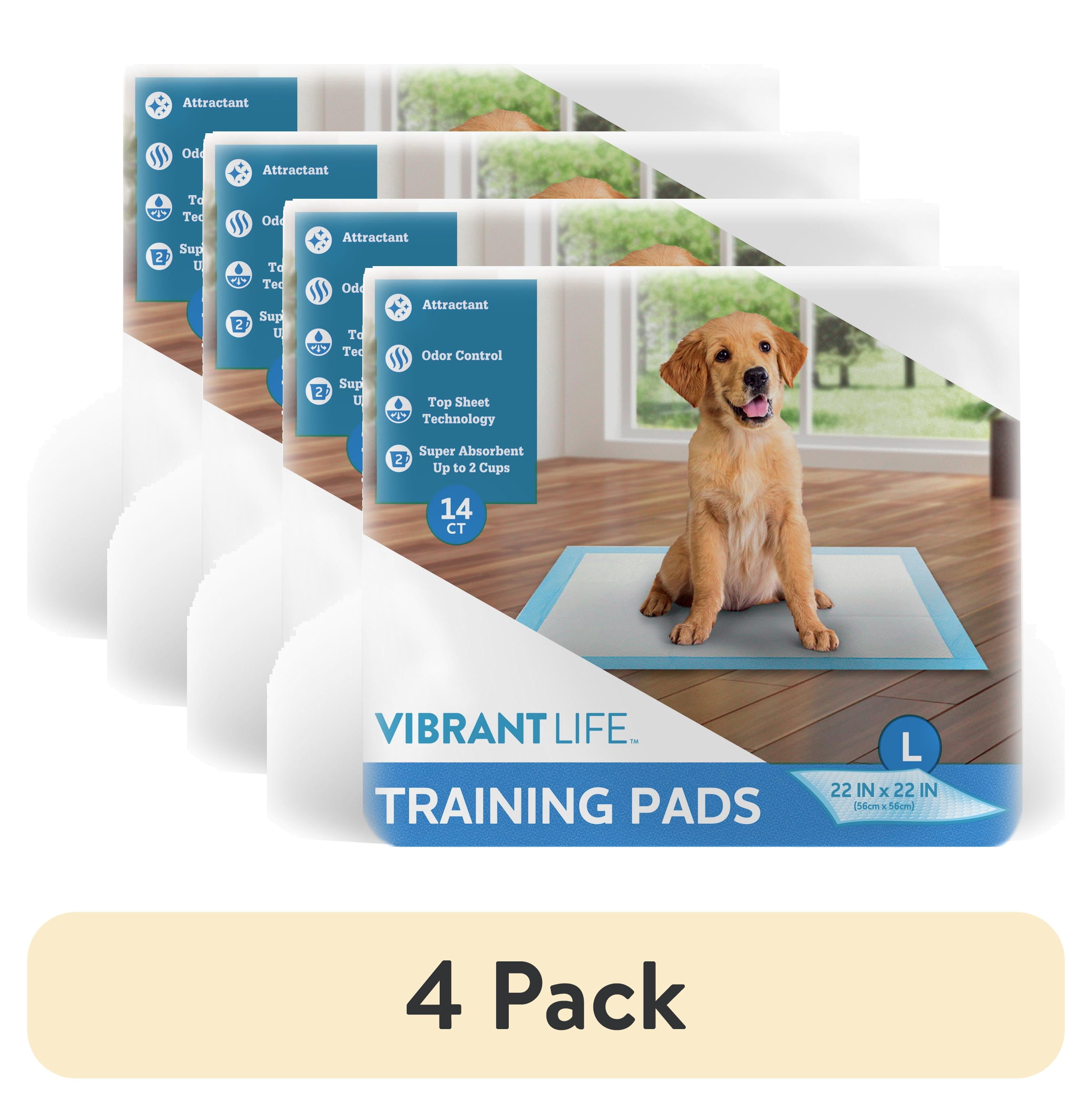 (4 pack) Vibrant Life Large Puppy Pads 5-Layer Leakproof Pet Training Pads, 5.71 in x 7.48 in, 14 Count