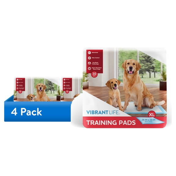 (4 pack) Vibrant Life Training Pads – Super Absorbent, Leak Proof, & Fast Dry Dog and Puppy Pee Pads – XL 26 in x 30 in, 30 Count