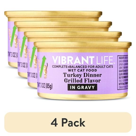 (4 pack) Vibrant Life Turkey Dinner Grilled Flavor Cuts in Gravy Wet Cat Food, 3 oz Can