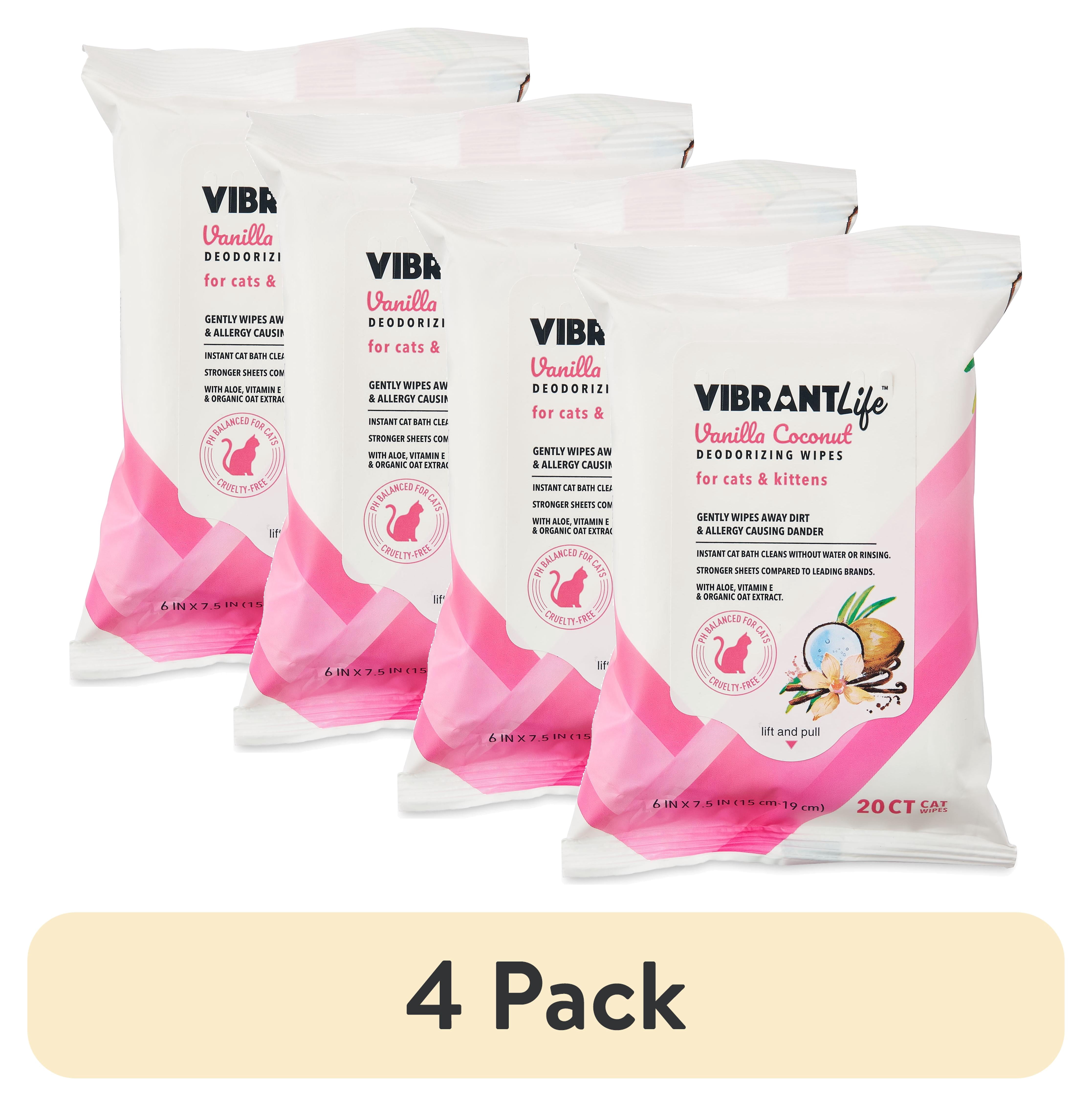 (4 pack) Vibrant Life Vanilla Coconut Deodorizing Wipes for Cats & Kittens, 20 Count