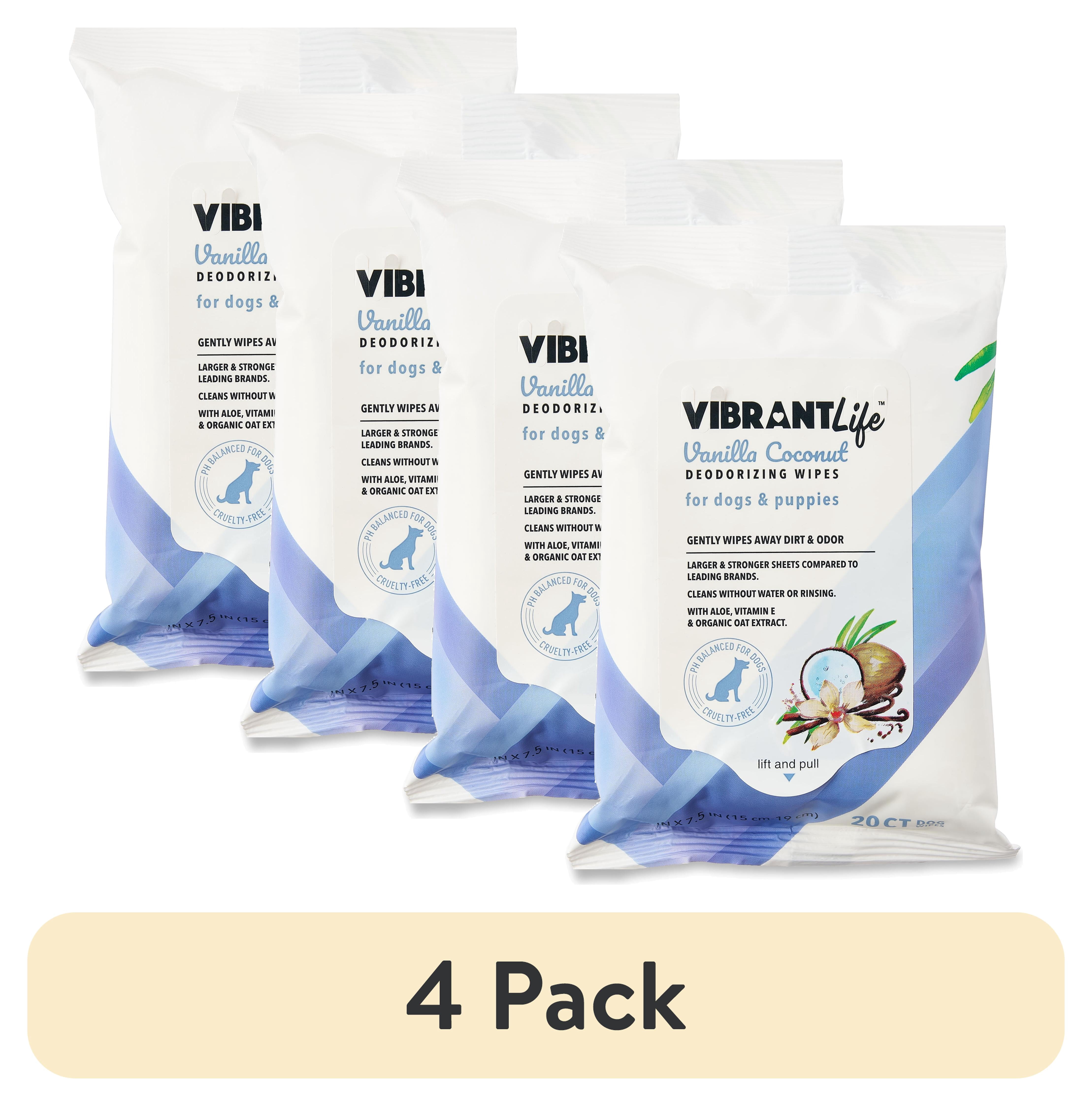 (4 pack) Vibrant Life Vanilla Coconut Deodorizing Wipes for Dogs & Puppies, 20 Count