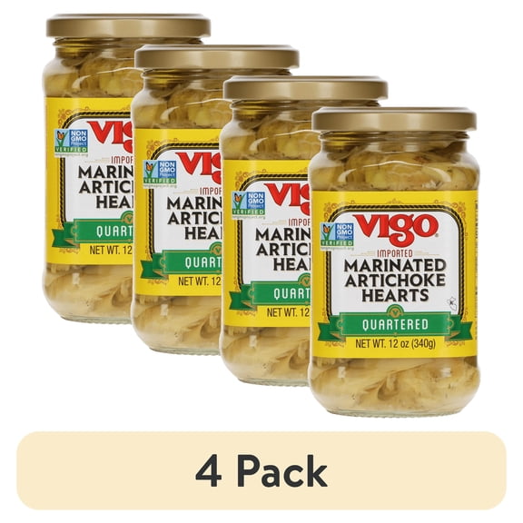 (4 pack) Vigo Quartered Marinated Artichoke Hearts 12 oz. Glass Jar