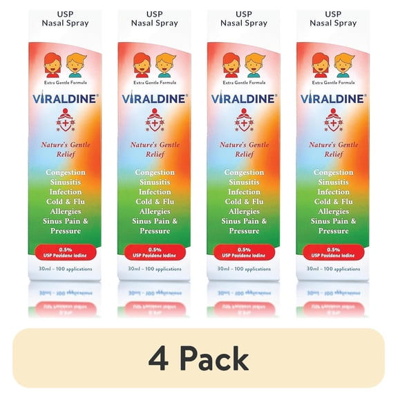 (4 pack) Viraldine .5% Povidone-Iodine Nasal Spray for Daily Congestion Relief, 100 Sprays, 30ml