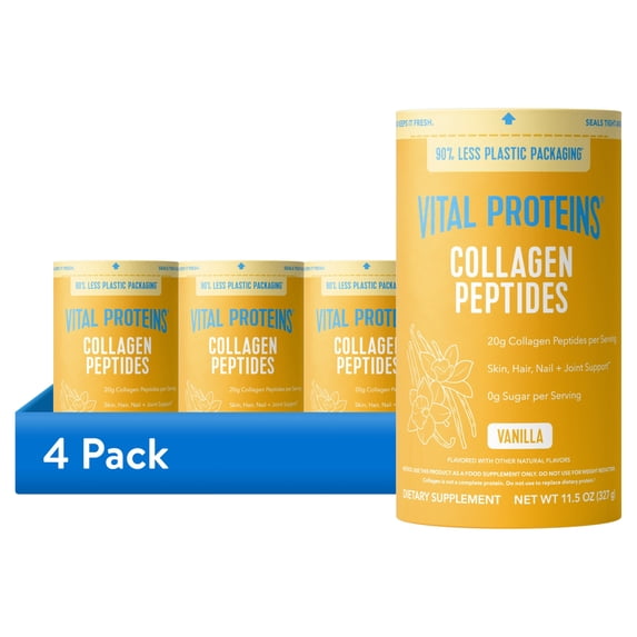 (4 pack) Vital Proteins Grass-Fed Collagen Peptides Powder Supplement, Vanilla Flavor, 11.5 oz - Joint, Hair, Skin, and Nails Support